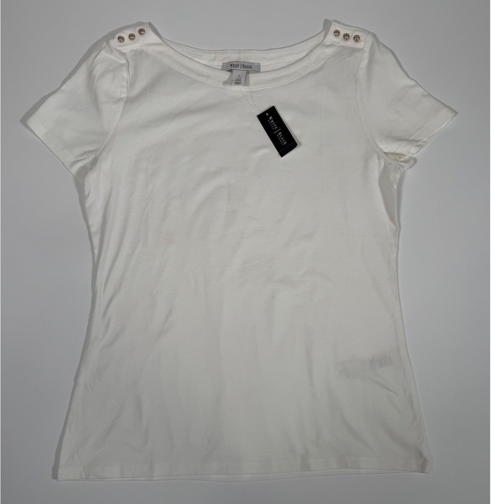 White House Black Market White Shoulder Button Tee Old Money Minimalist Large